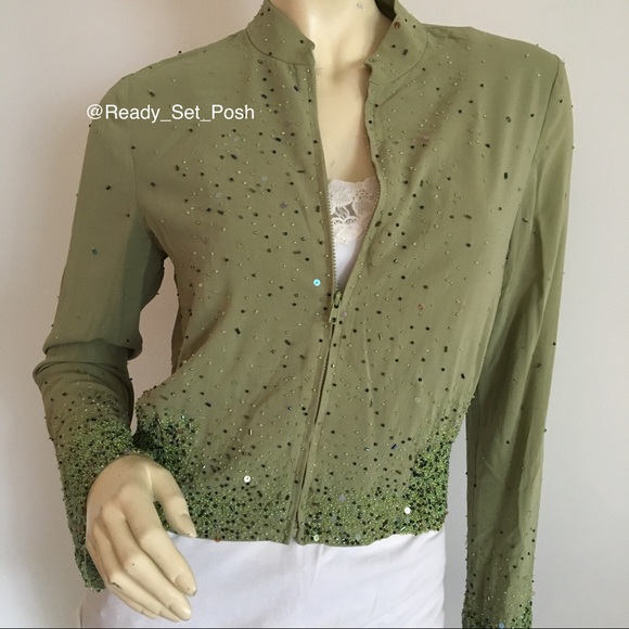 Green silk beaded bomber style zip up jacket - Picture 2 of 7